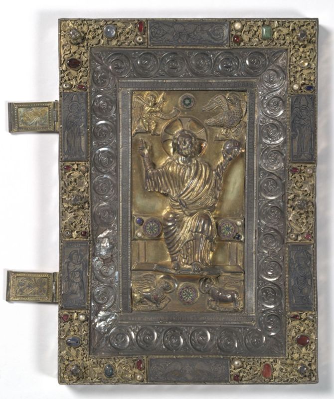 Deux plats de l'évangéliaire d'Oignies : Calvaire et Christ en majesté