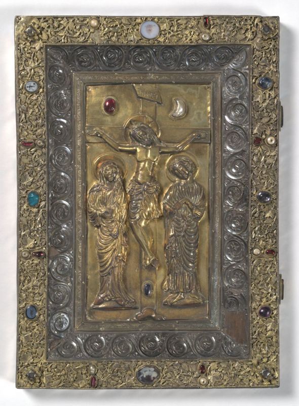 Deux plats de l'évangéliaire d'Oignies : Calvaire et Christ en majesté