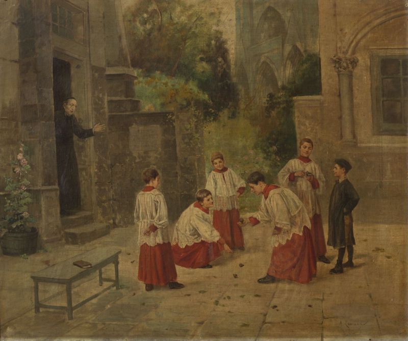 Enfants de chœur jouant à la toupie