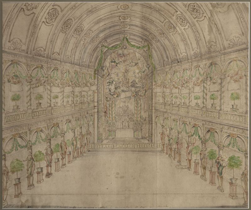 Binnenzicht met decoraties voor de heiligverklaring van H. Stanislas Kostska en H. Aloysius van Gonzagua