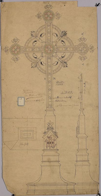 Projet de croix (face, profil et plan du pied)