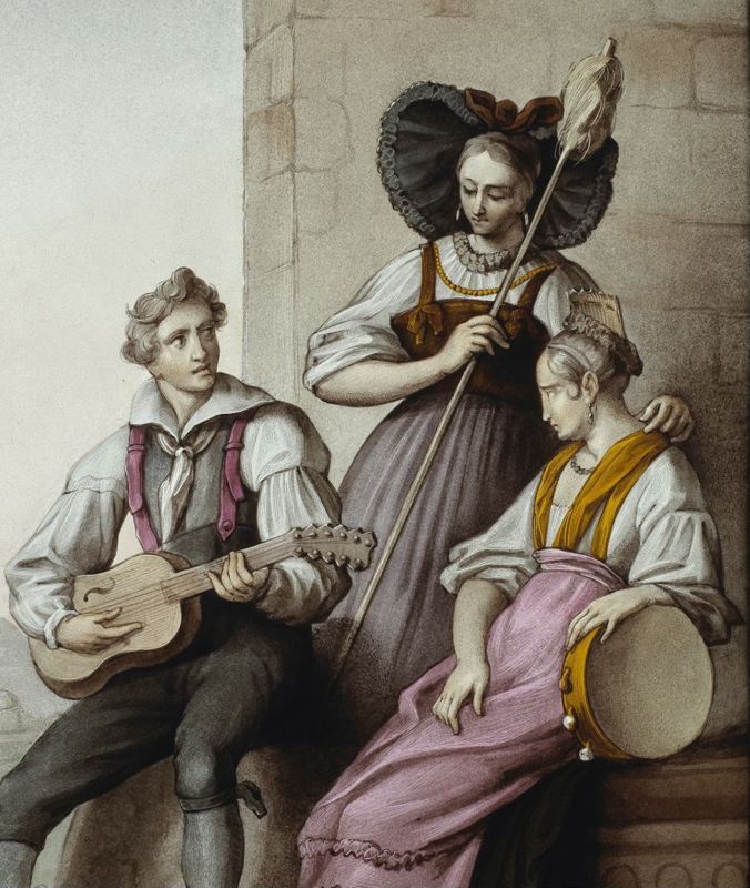 Jeune femme au tambourin et sa compagne tenant une quenouille et écoutant un jeune homme jouer de la guitare