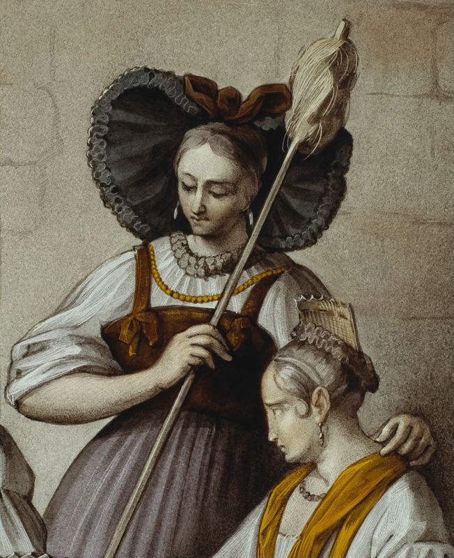 Jeune femme au tambourin et sa compagne tenant une quenouille et écoutant un jeune homme jouer de la guitare