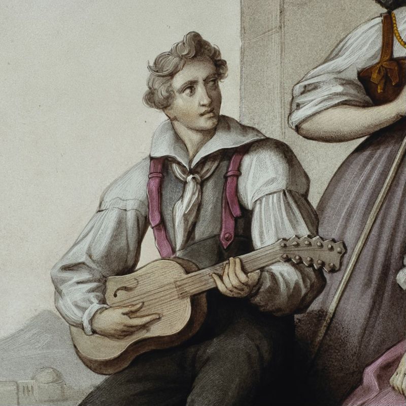 Jeune femme au tambourin et sa compagne tenant une quenouille et écoutant un jeune homme jouer de la guitare
