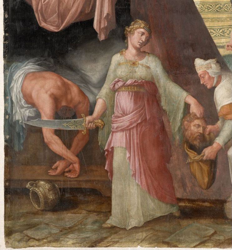 De cyclus van de Deugdzame vrouwen: Judith bergt het hoofd van Holofernes in de etenszak van Abra