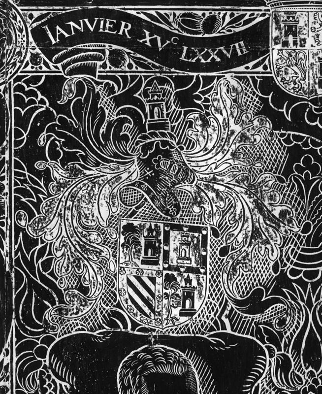 Wrijfprent van grafplaat van Francisco de la Puebla (+ 1577) en echtgenote Marie van Marivoorde (+ 1573) (Brugge, Sint-Jacobskerk)