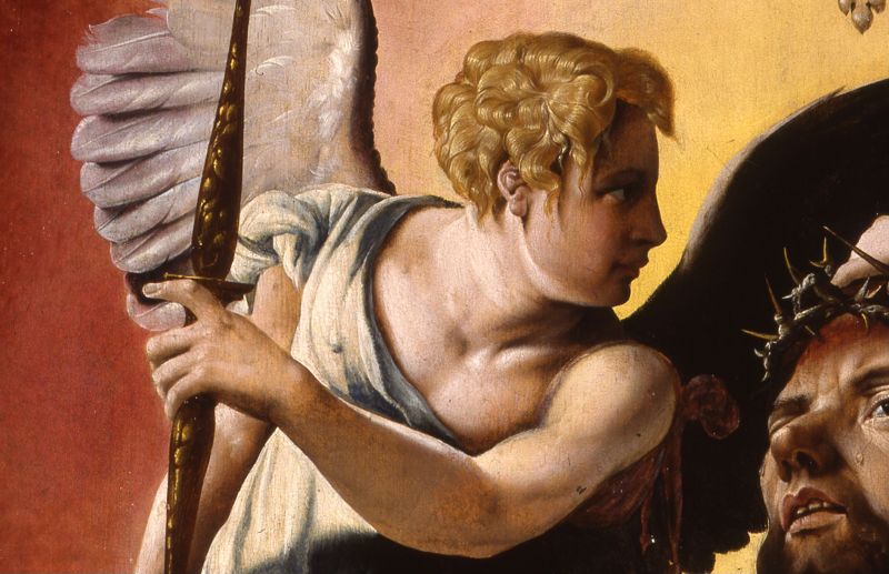 Christus met doornen gekroond tussen twee engelen